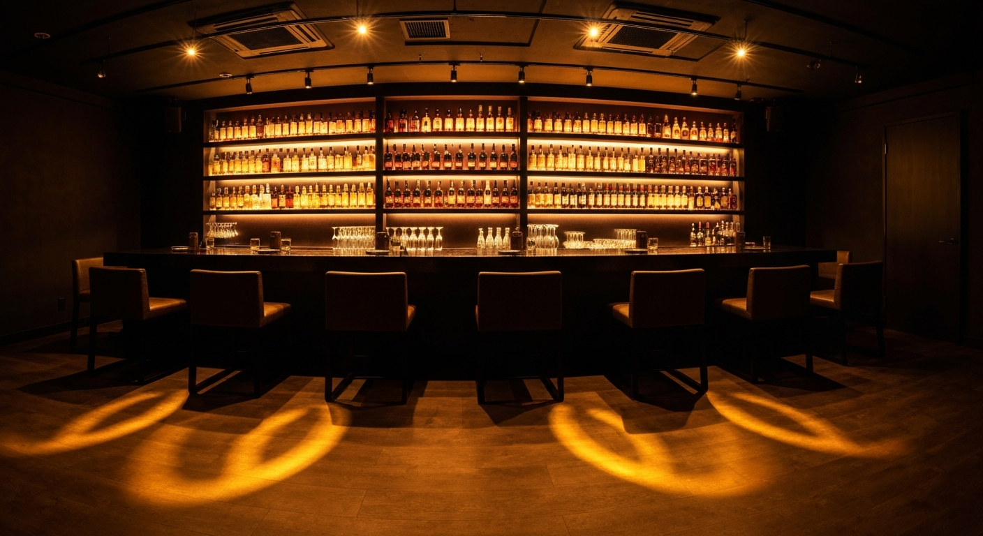 BAR AOTETSU interior with low counter and amber lighting